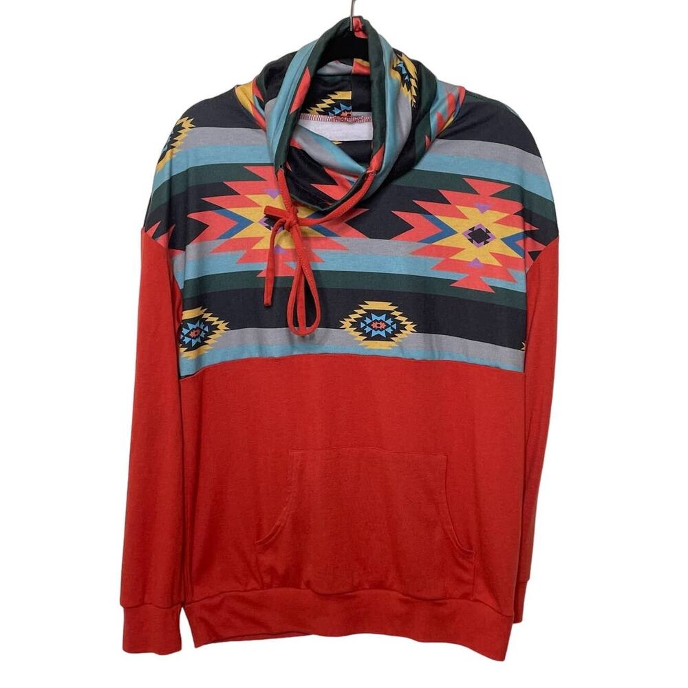 Cowl Neck Long Sleeve Aztec Print‎ Pullover Sweater Orange Womens Medium